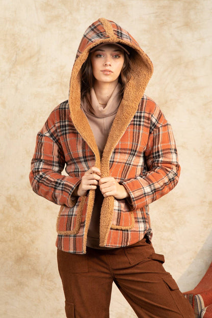 Flannel Plaid Hooded Fur Jacket:l