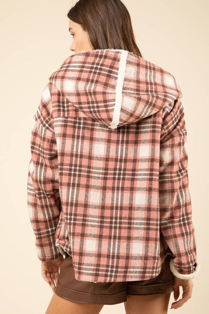Flannel Plaid Hooded Fur Jacket:l