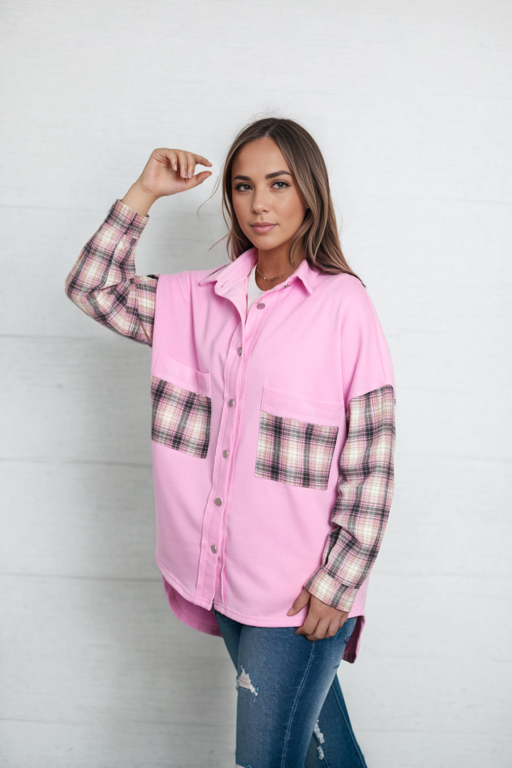 Dropped Shoulder Plaid Print Collared Neck Shirt