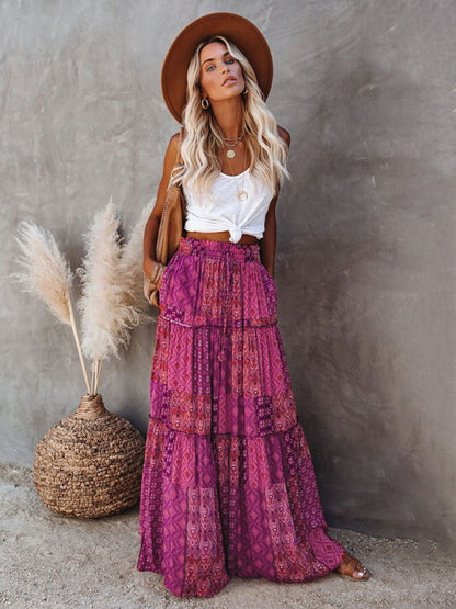New Bohemian style skirt European and American loose casual high waist long skirt