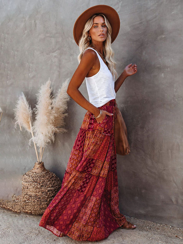 New Bohemian style skirt European and American loose casual high waist long skirt